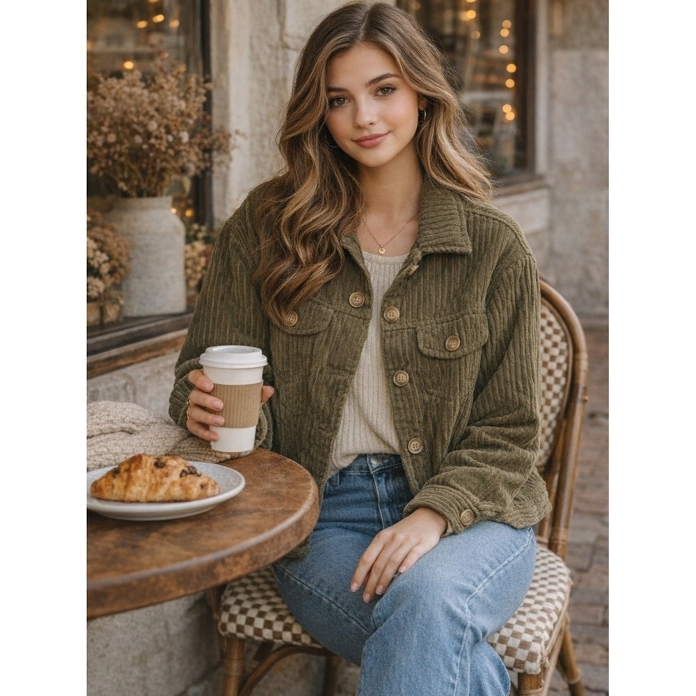 Altar'd State Olive Corduroy Shacket Jacket Cropped Boxy Small
